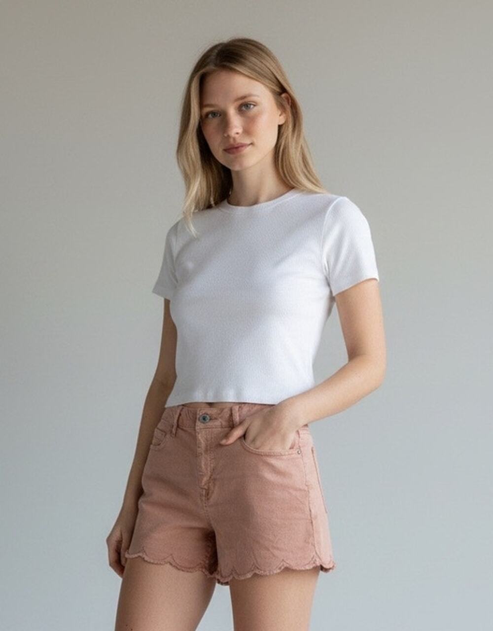 Harper Heritage Jean Shorts Scalloped Frayed Hem Mid Rise Size 28 Pink Denim
